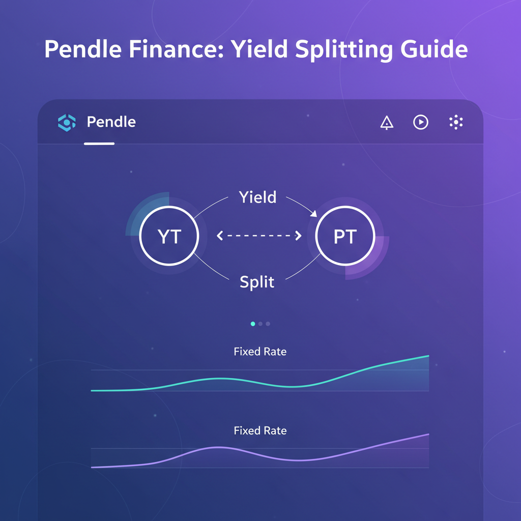 Pendle Finance dashboard, YT and PT tokens splitting yield, fixed rate graphs stable, purple ethereal glow