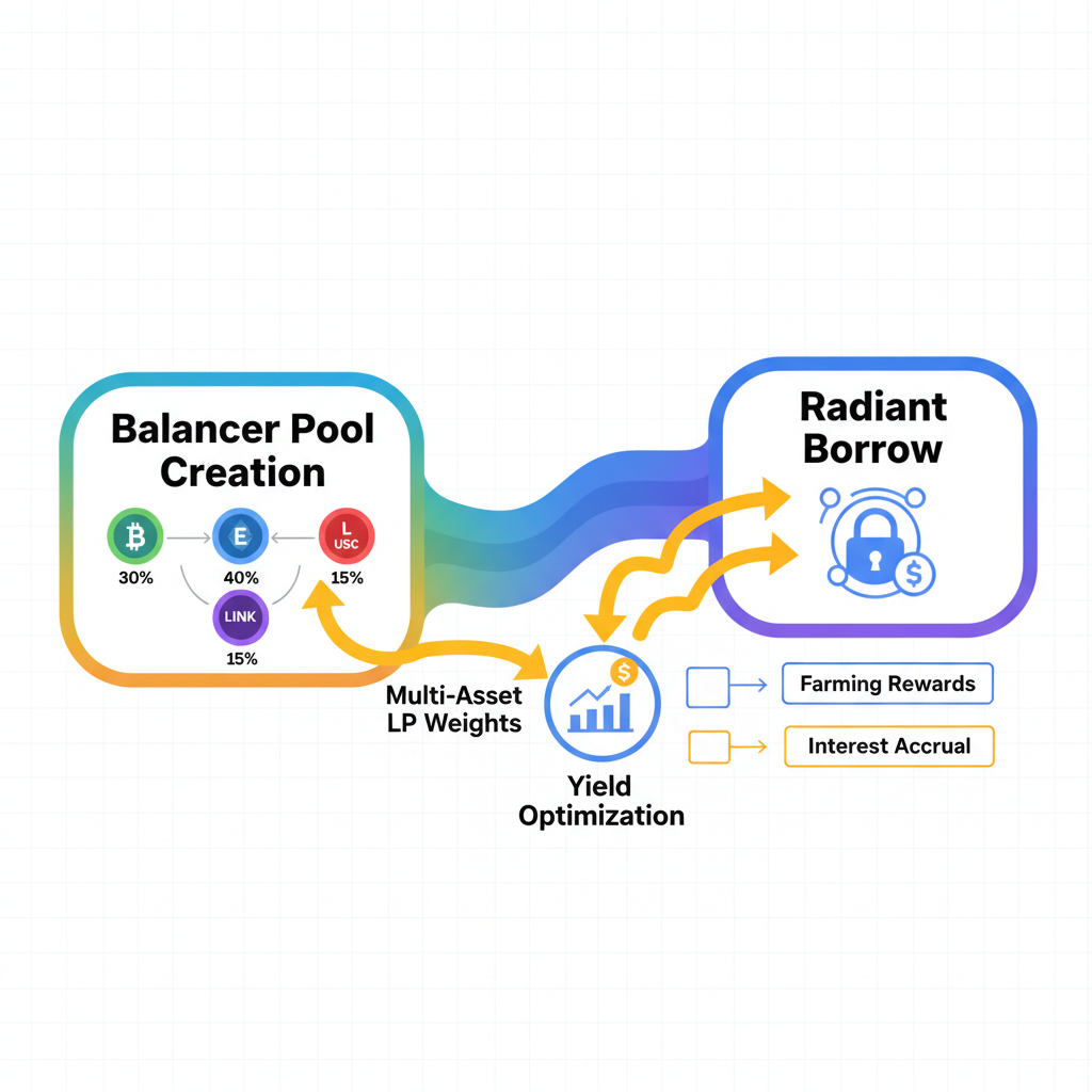 Balancer pool creation flowing into Radiant borrow, multi-asset LP weights, yield optimization arrows, colorful abstract DeFi